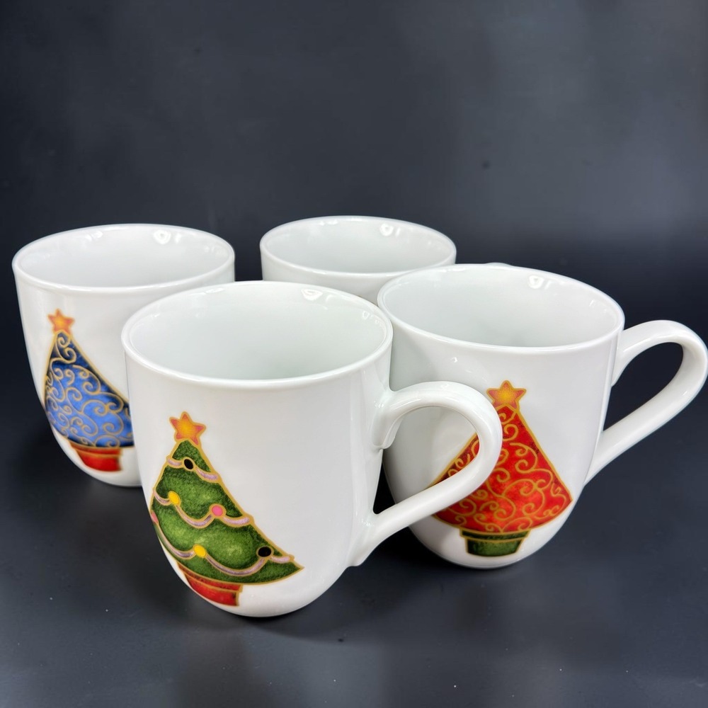 Fitz and Floyd O Christmas Tree Gourmet Mug Cup Set of 4 White Ceramic Holiday